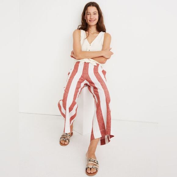 Madewell Huston Wide Leg Linen Crop Pants Red White Stripe Linen Pull-On Small - Picture 1 of 9